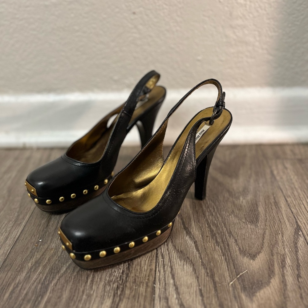 Miu Miu Black Slingback Heels with Gold Studs - Picture 3 of 9